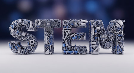 The word STEM is artfully constructed from metallic elements resembling intricate circuitry and mechanical parts.の素材