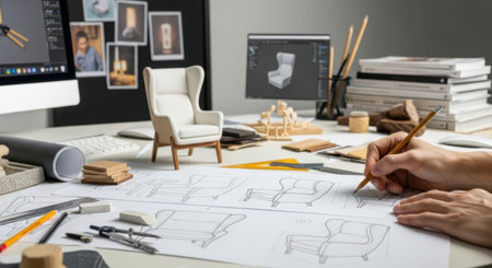 A designer's workspace filled with sketches, models, and digital tools, illustrating the creative process.の素材