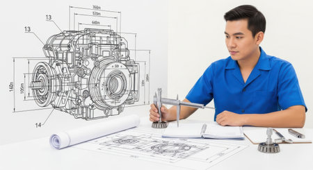 A focused engineer works on a detailed engine schematic, surrounded by drafting tools and rolled blueprints.の素材