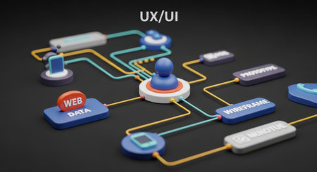 A stylized representation of interconnected digital components illustrating a complex system architecture and user experience design.の素材