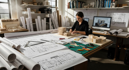 A focused designer works amidst a creative environment filled with blueprints, models, and design tools.の素材