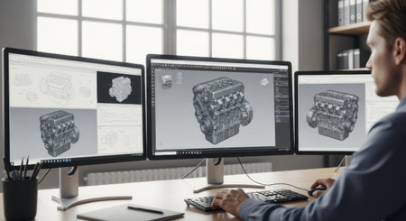 A professional works diligently on a detailed 3D engine visualization, showcasing technical design and engineering expertise.の素材