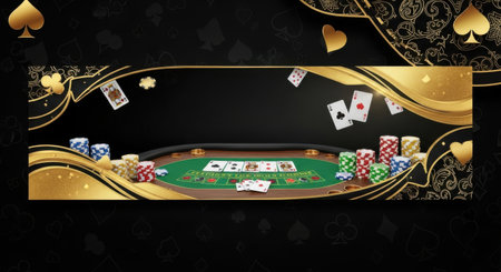 A high-stakes poker game is set with colorful chips and scattered cards on a felt table, framed by ornate gold designs.の素材