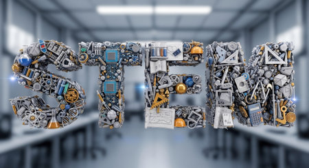 A visually rich representation of STEM fields, formed by a mosaic of gears, circuits, tools, and educational materials.の素材
