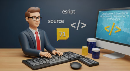 A stylized character focused on coding, surrounded by digital elements and programming symbols.の素材