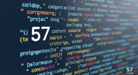 A close-up view of colorful code snippets and the number 57 illuminated on a dark digital screen.の素材