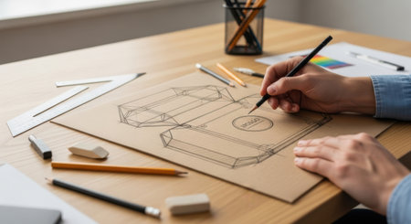 A close-up view of a person's hands meticulously creating a technical drawing with pencils and erasers.の素材