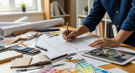 A person sketches on blueprints surrounded by fabric swatches, color palettes, and a tablet device.の素材