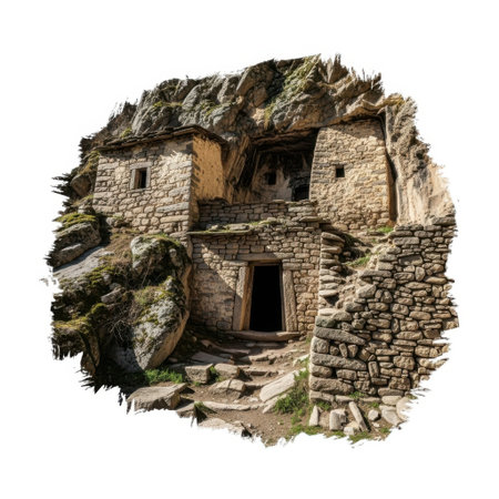 Discover the weathered charm of this ancient stone house, partially reclaimed by nature. Its rustic architecture and surrounding rocky landscape evoke a sense of history and timeless beauty.の素材