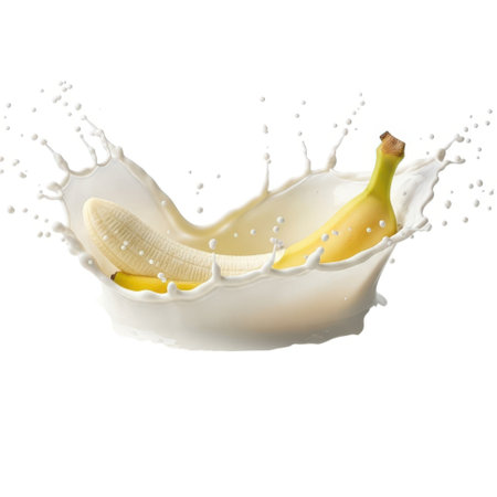 A vibrant high-speed photograph captures a ripe banana dramatically splashing into a creamy liquid, creating an energetic and refreshing visual of a healthy beverage.の素材