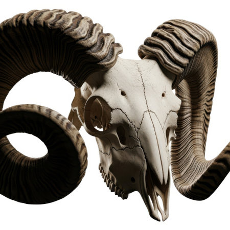 A striking close-up of a ram's skull, showcasing its intricate bone structure and impressively curled horns. This image evokes themes of nature, wildlife, and the rugged beauty of the natural world.の素材