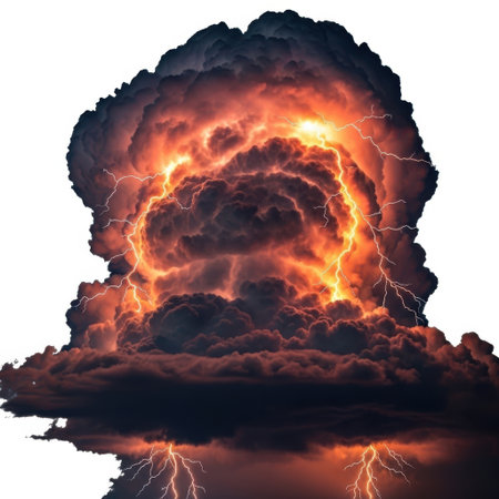 A dramatic and powerful depiction of a nuclear explosion's mushroom cloud, featuring intense fiery colors, swirling smoke, and dramatic lightning strikes illuminating the scene.の素材