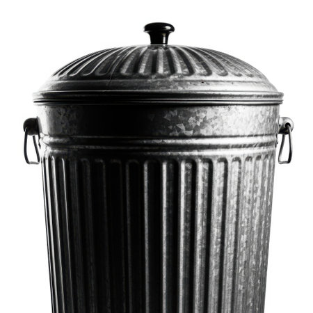A close-up, high-contrast black and white image of a vintage-style corrugated metal trash can. Its sturdy design includes a matching lid and side handles, evoking durability and retro charm.の素材