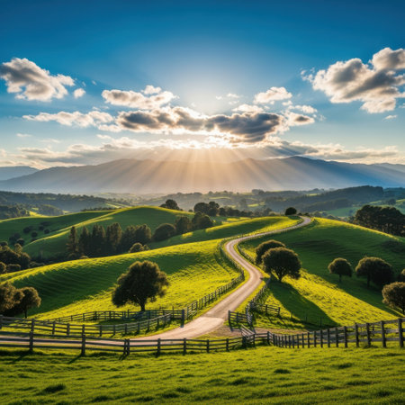 Experience the tranquility of rolling green hills bathed in the warm glow of sunset. A charming dirt road beckons through pastures, inviting exploration under a dramatic sky filled with light.の素材