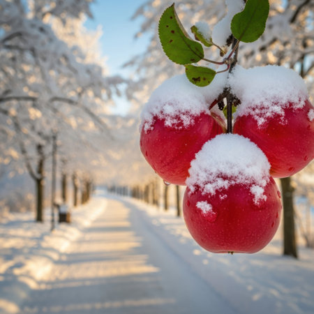 Vibrant red apples dusted with fresh snow hang from a branch, set against a beautiful winter scene of a snow-covered path lined with trees.の素材