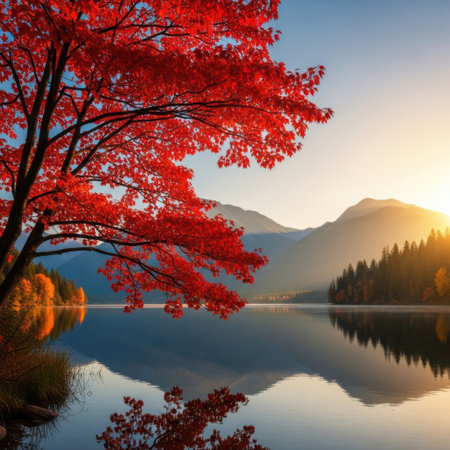 A stunning landscape featuring a brilliant red maple tree in full autumn foliage. Its vibrant colors are perfectly mirrored in the calm waters of a pristine mountain lake, bathed in the warm glow of the setting sun.の素材