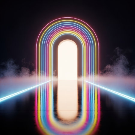 An illuminated tunnel formed by multiple colorful arched pathways, emitting a bright white light. Blue neon beams emanate from the sides, intersecting with ethereal smoke elements.の素材