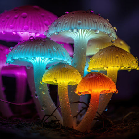 A surreal display of mushrooms emitting dazzling light in a spectrum of colors. These magical fungi create an otherworldly scene, illuminating the darkness with their natural bioluminescence and captivating beauty.の素材