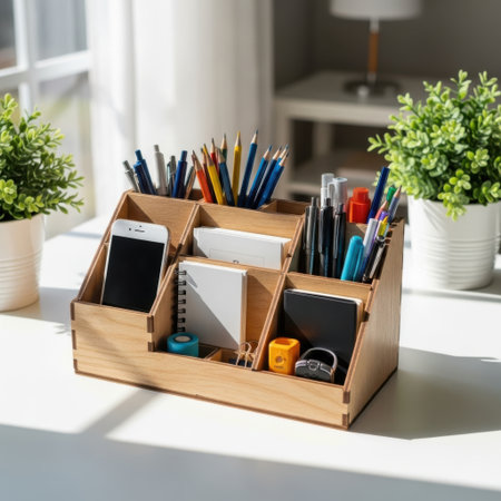 A beautifully crafted wooden desk organizer neatly holds an assortment of pens pencils notebooks and a smartphone. This organizer promotes a tidy and efficient workspace, enhancing productivity and aesthetic.の素材