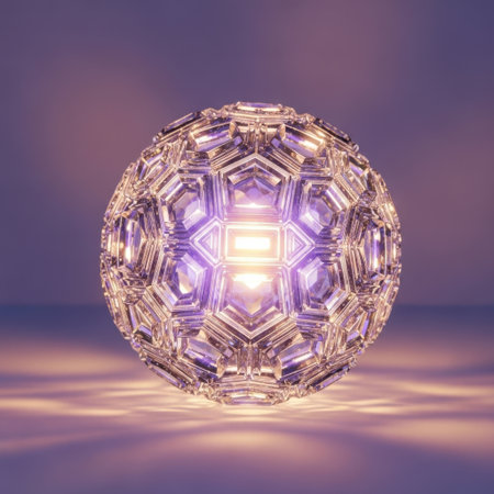 A detailed, multifaceted spherical object with a geometric crystalline structure glows with an internal purple light. It sits on a shimmering, reflective surface creating an ethereal and magical atmosphere.の素材