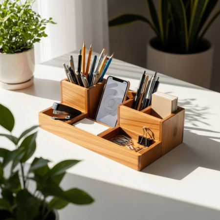 A beautifully crafted wooden desk organizer neatly holds a variety of pens pencils and a smartphone. Its natural wood finish and thoughtful compartments create a tidy and inviting workspace.の素材
