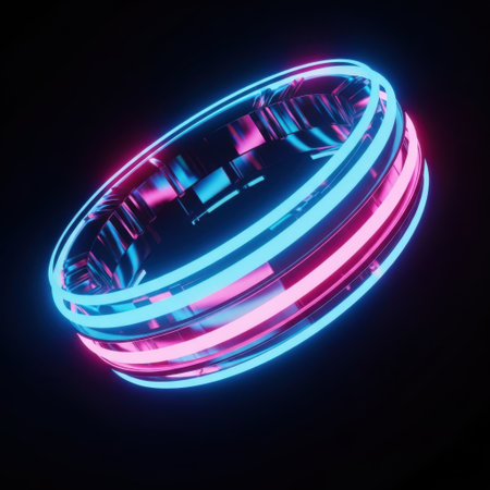 Experience the dazzling brilliance of a glowing neon ring, illuminated by vibrant pink and cyan lights. This abstract composition features captivating light trails, suggesting movement and energy, perfect for modern design.の素材