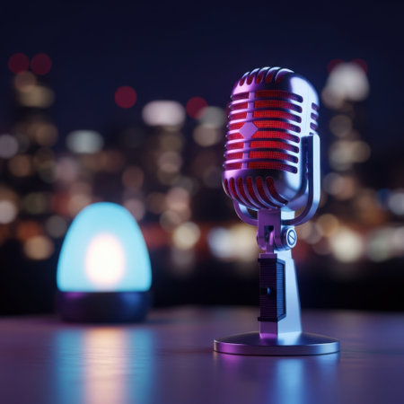 A vintage style microphone stands next to a softly glowing lamp. The background features a bokeh effect of city lights, creating an atmospheric and inviting ambiance for any performance or broadcast.の素材