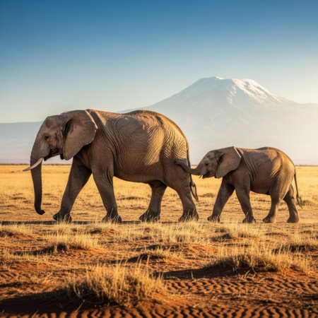 A mother and calf elephant walk side-by-side across a sun-drenched savanna, with the iconic peak of Mount Kilimanjaro visible in the distance, capturing a moment of wild natural beauty.の素材
