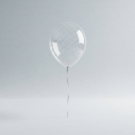 A single transparent helium balloon drifts upwards, its fine string trailing below. The soft lighting and minimalist aesthetic create a serene and elegant visual perfect for celebrations or abstract concepts.の素材