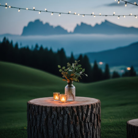 Experience a magical evening with flickering candles and delicate string lights casting a warm glow. Set against a serene mountain vista, this scene evokes tranquility and intimate moments.の素材