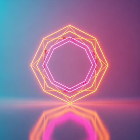 Experience the mesmerizing glow of a neon octagon shape with vibrant pink and orange hues. This abstract digital art piece features a captivating reflection, perfect for creating an energetic and modern aesthetic.の素材