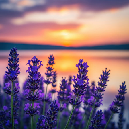 Vibrant purple lavender stalks stand tall against a breathtaking sunset sky. The soft glow of the setting sun reflects on the tranquil water, creating a peaceful and picturesque natural scene.の素材
