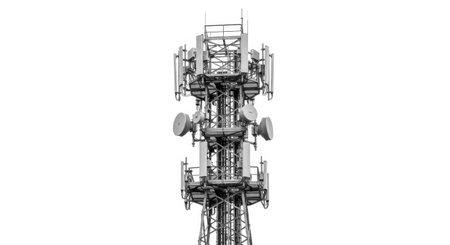 A detailed, high-contrast view of a substantial telecommunication tower. The structure features multiple levels with various antennas and equipment, highlighting modern communication infrastructure.の素材