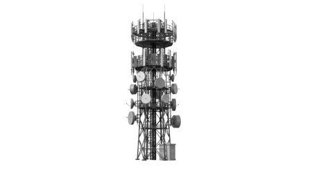 A close-up studio shot of a detailed miniature model of a cell tower. The model features multiple antennas, communication equipment, and structural elements, presented on a clean white backdrop.の素材