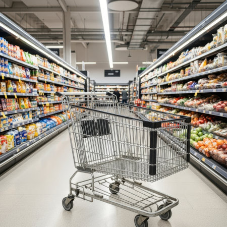 A metal shopping cart sits in the middle of a well-stocked grocery store aisle, ready for purchases.の素材