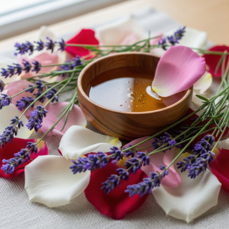 A serene arrangement featuring a wooden bowl of honey surrounded by fragrant lavender sprigs and delicate rose petals, evoking relaxation and natural beauty.の素材