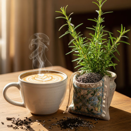 A warm cup of coffee with steam rising sits next to a fresh rosemary plant on a textured wooden table. Coffee beans are scattered nearby.の素材