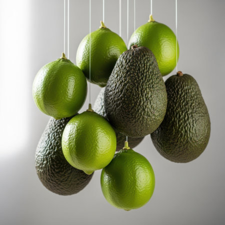 A collection of ripe avocados and vibrant limes suspended by thin strings, showcasing their textures and colors.の素材
