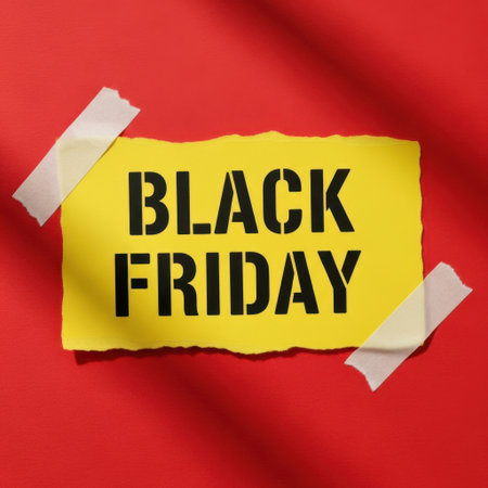 A torn yellow paper with "BLACK FRIDAY" printed in bold black letters, taped to a textured red surface.の素材