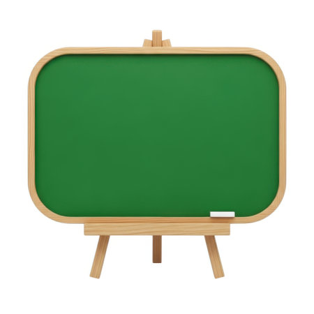 A blank green chalkboard rests on a wooden easel, inviting creative expression and educational activities.の素材