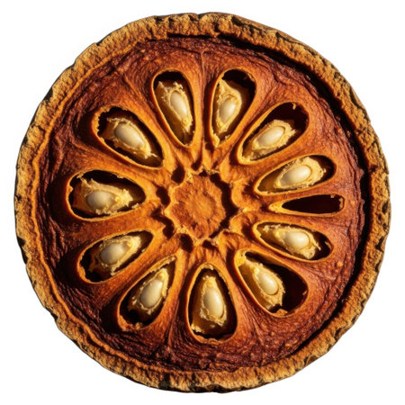 A detailed cross-section of a dried bael fruit showcases its unique internal structure with numerous seed pods arranged radially.の素材