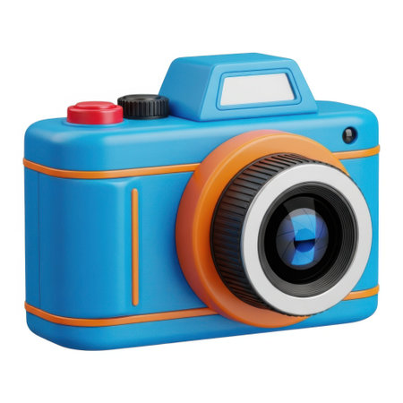 A vibrant blue toy camera, featuring an orange lens accent and a red activation button, designed for creative play.の素材