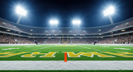 A breathtaking view of a brightly lit American football stadium under a night sky. The perfectly manicured field with prominent yard line markings awaits the excitement of a professional game.の素材