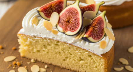 A tempting slice of cake featuring layers of sponge and creamy filling, topped with fresh figs, slivered almonds, and a dollop of whipped cream.の素材