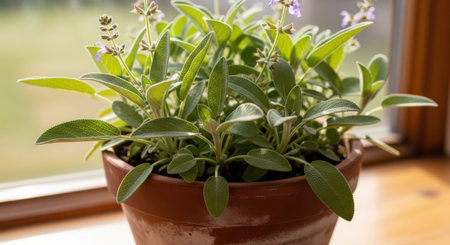 A healthy green herb plant thrives in a rustic terracotta pot, bathed in natural light by a window. Its lush foliage suggests fresh culinary potential and homey ambiance.の素材