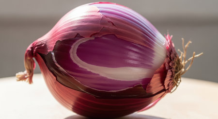 A detailed close-up showcases the rich purple hues and intricate concentric layers of a fresh red onion, hinting at its culinary potential.の素材
