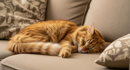 An adorable orange tabby cat is curled up and fast asleep on a plush sofa. Its striped fur and relaxed posture convey a sense of ultimate comfort and tranquility in a home setting.の素材