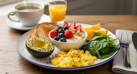 A vibrant and nutritious breakfast spread featuring fresh fruits, creamy avocado, fluffy scrambled eggs, and a side of greens, perfect for a wholesome start to the day.の素材