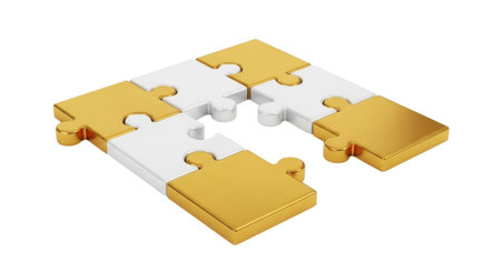 Four gold and white puzzle pieces are shown interlocked in a symmetrical formation. This image represents teamwork, problem-solving, and the successful completion of a project or idea.の素材