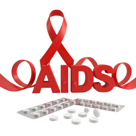 A powerful visual representing the fight against AIDS. A prominent red ribbon intertwines with the word 'AIDS' while pills signify hope, treatment, and awareness. This image conveys strength and progress in combating the disease.の素材